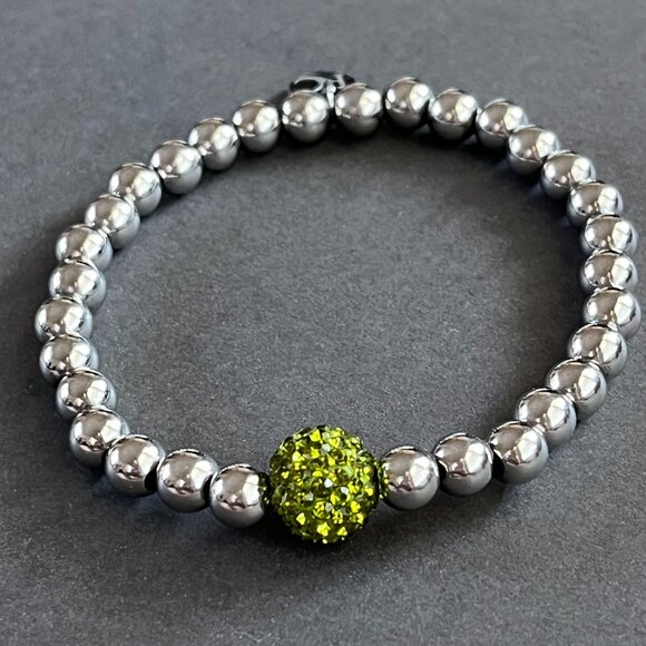 Rustic Cuff Peridot Shambala Focal Bead and Stainless Stretch Bracelet - Picture 3 of 3